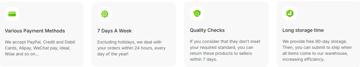 Four about-page cards: various payment methods, 7 days a week, quality checks, long storage time