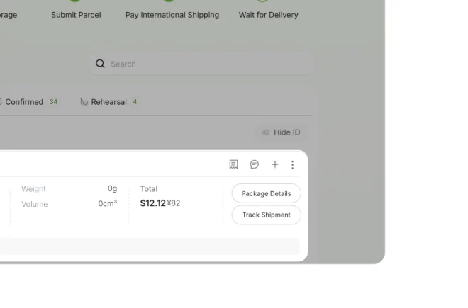 My Parcels screen with Confirmed and Rehearsal tabs, weight, volume and a 12.12 USD total