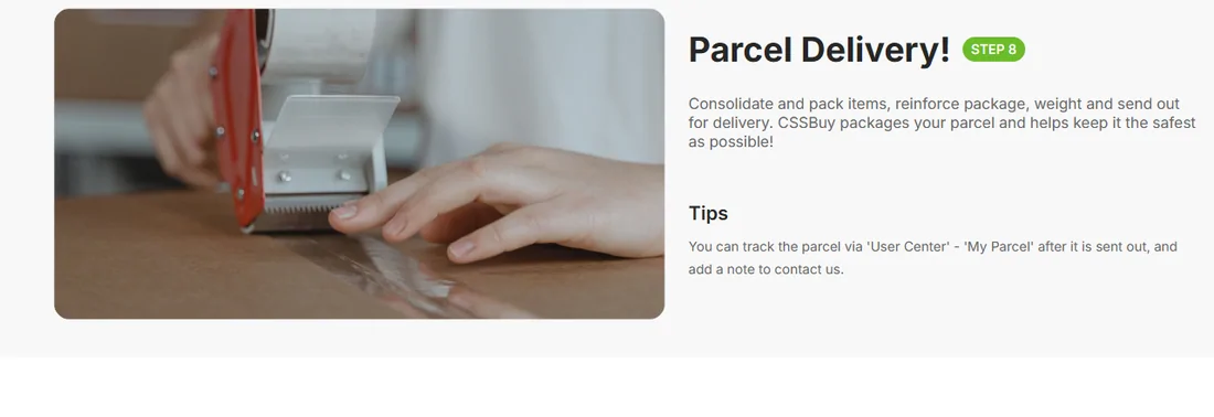 CSSBuy guide showing a parcel being sealed and its packing, weighing and delivery steps