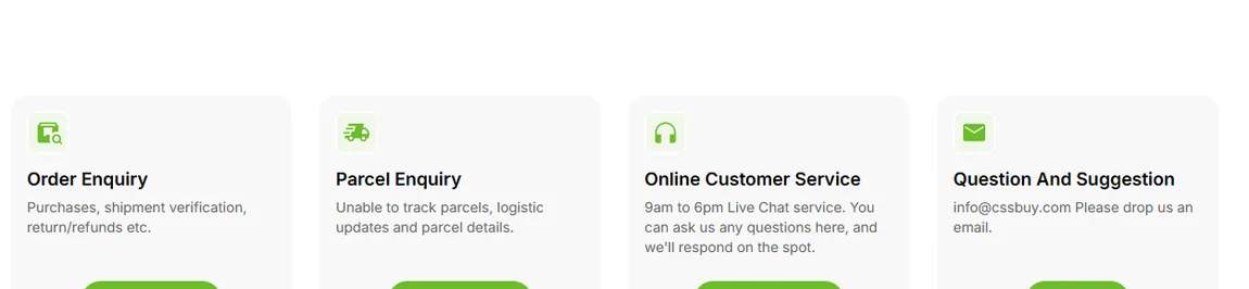 Four contact cards: order enquiry, parcel enquiry, online customer service hours, question and suggestion email