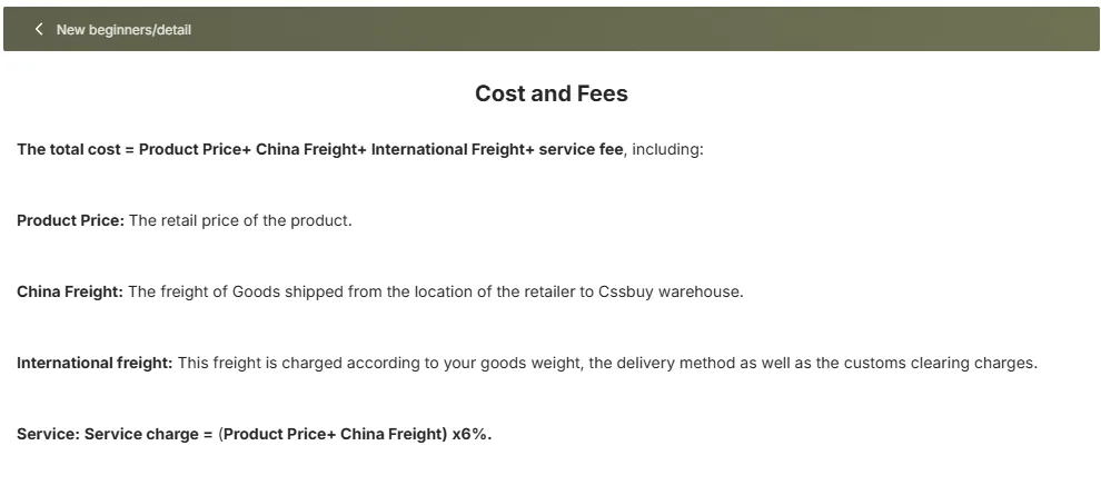 Cost and Fees help article: the total cost formula and the 6 percent service charge definition