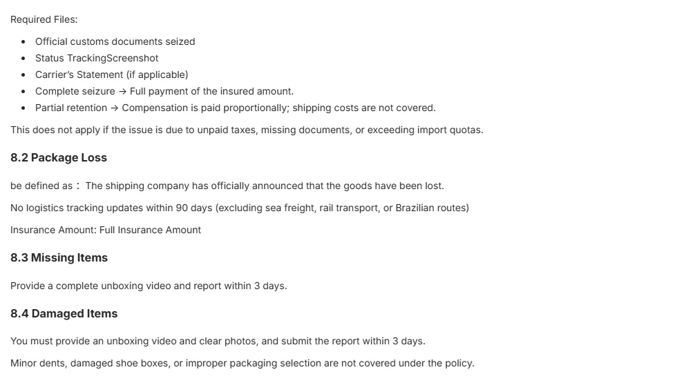 CSSecure compensation rules: required files for customs seizure, package loss definition, missing items, damaged items