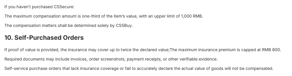CSSecure sections 9 and 10: orders without insurance capped at one third of value up to 1,000 RMB; self-purchased premium capped at RMB 800