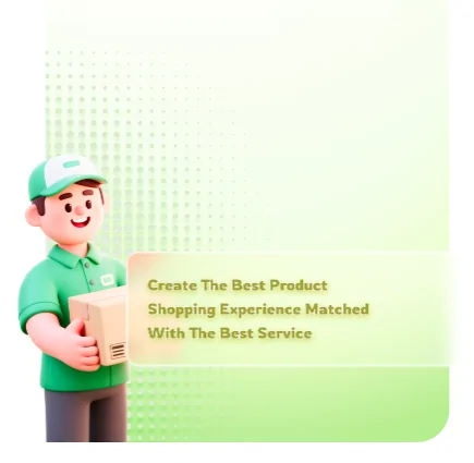Expert Buy stepper with the courier mascot holding a box and a speech bubble