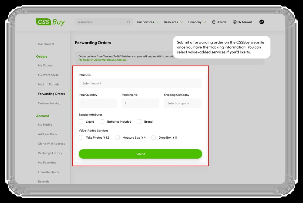 Forwarding order form with special attributes, value-added services and tracking number tooltip