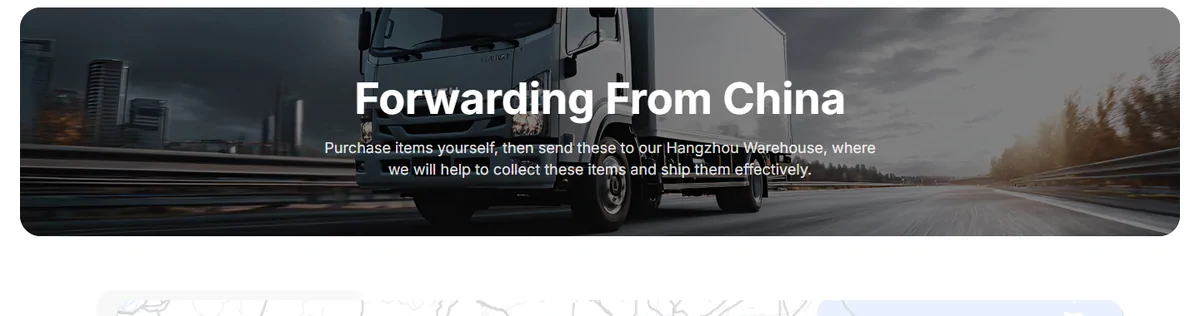 Forwarding From China page banner over a highway truck photo