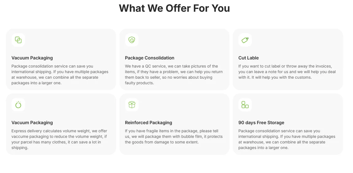 Six service cards: package consolidation, vacuum packaging, cut label, reinforced packaging, free storage window