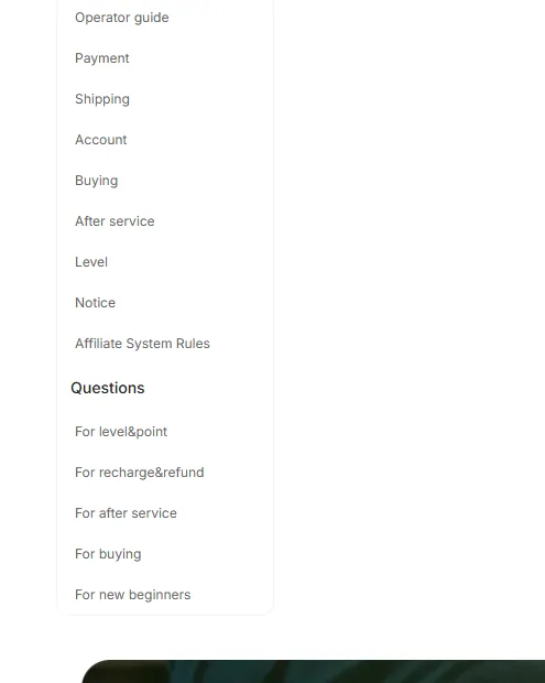 Help centre sidebar listing operator guide, payment, shipping, account, buying and after service sections