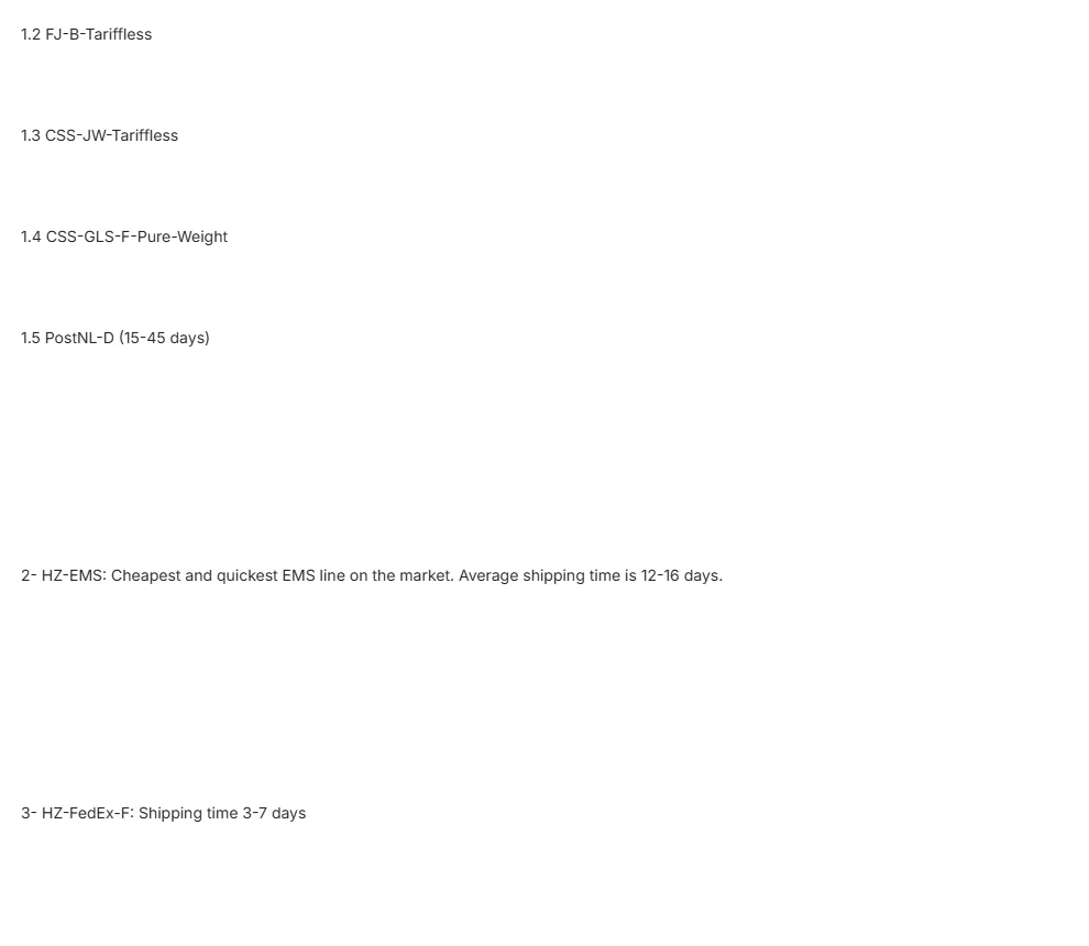 Delivery policy article listing Tariffless line names and EMS and FedEx delivery windows