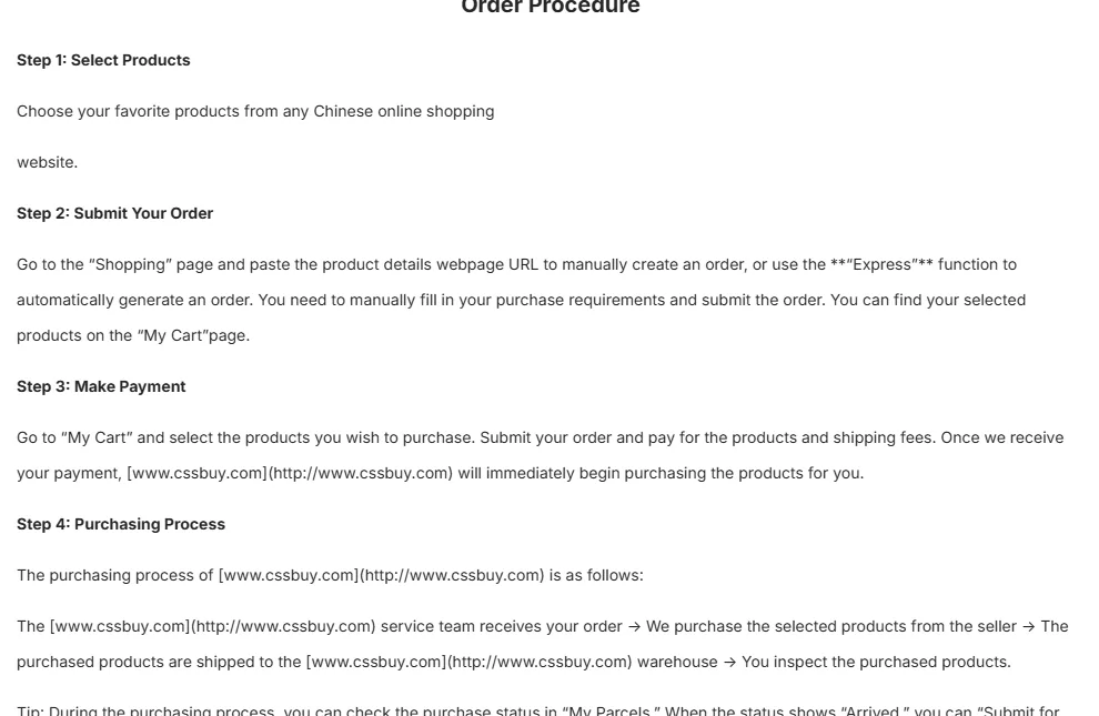 Order Procedure help article listing steps one to four with purchasing process notes