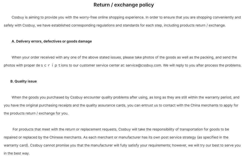 Return and exchange policy article: delivery errors and quality issue paths