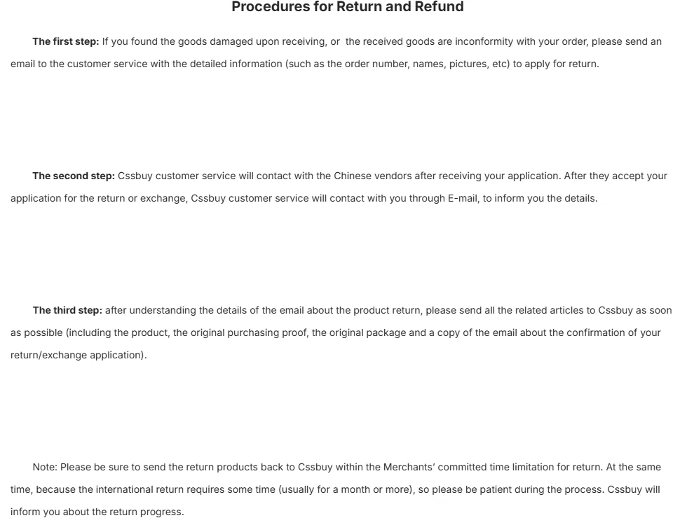 Procedures for Return and Refund: first, second and third steps with a timing note