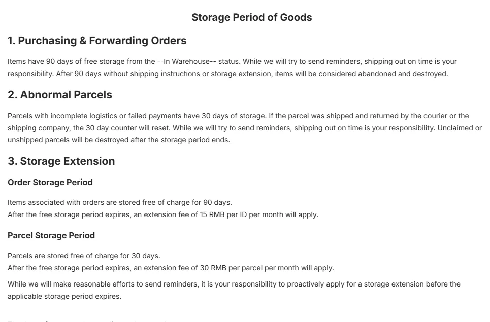 Storage Period of Goods article: 90 days for orders, 30 for abnormal parcels, extension fees