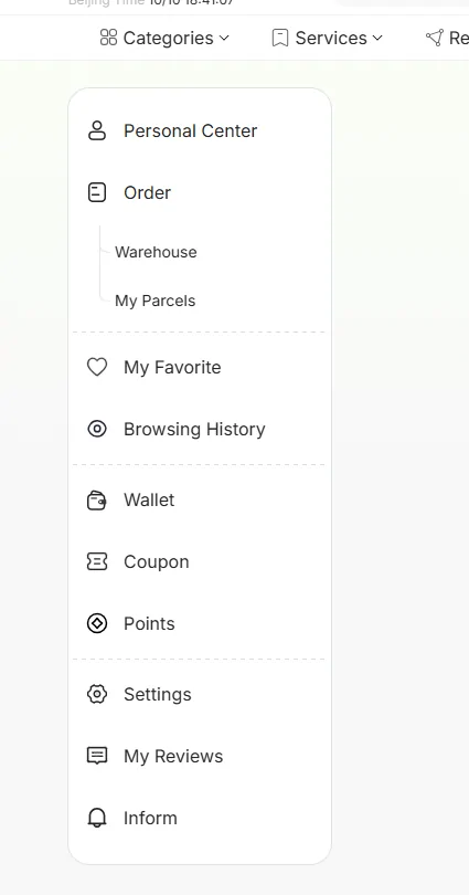User centre menu: personal center, order, warehouse, my parcels, wallet, coupon, points, settings