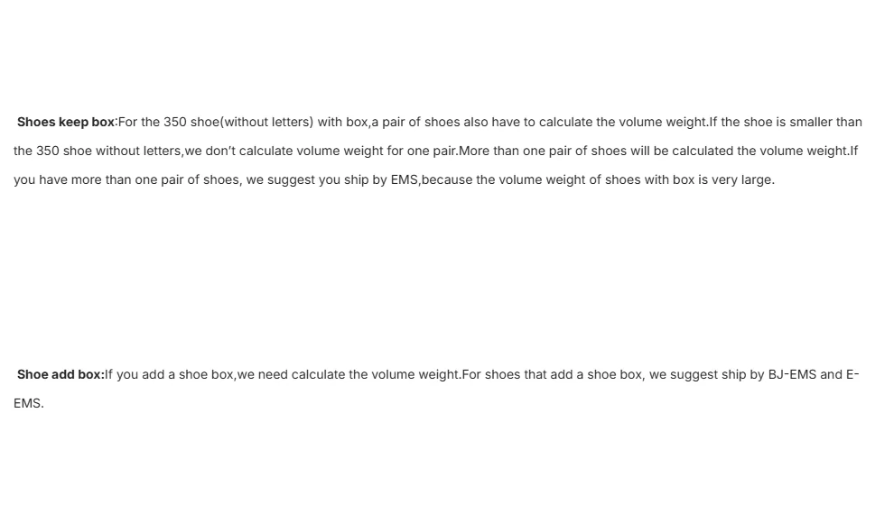 Volume weight rules for shoes: shoes kept in box versus shoes without letters, with line suggestions