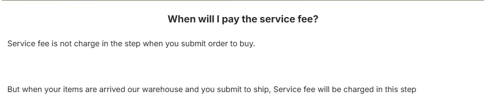 Help article answering when the service fee is paid: at submit to ship, not at order