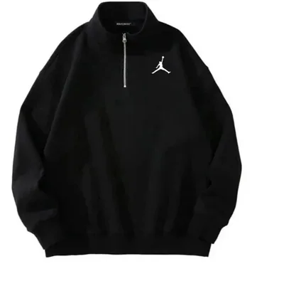Black quarter-zip sweatshirt with a small embroidered chest emblem