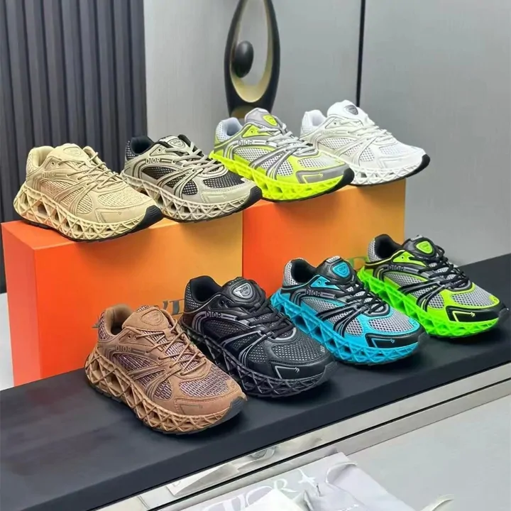 Chunky running sneakers in several colourways displayed on a shop shelf